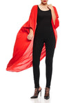 Model wearing long crimson red kimono